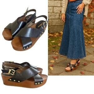 Sam Edelman Black Leather Slingback‎ Platform Sandals Wood Heel Studded 8